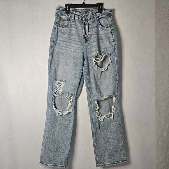AMERICAN EAGLE Sz 10 Jeans Light Wash Distressed Stretch Y2k Baggy - Picture 1 of 6